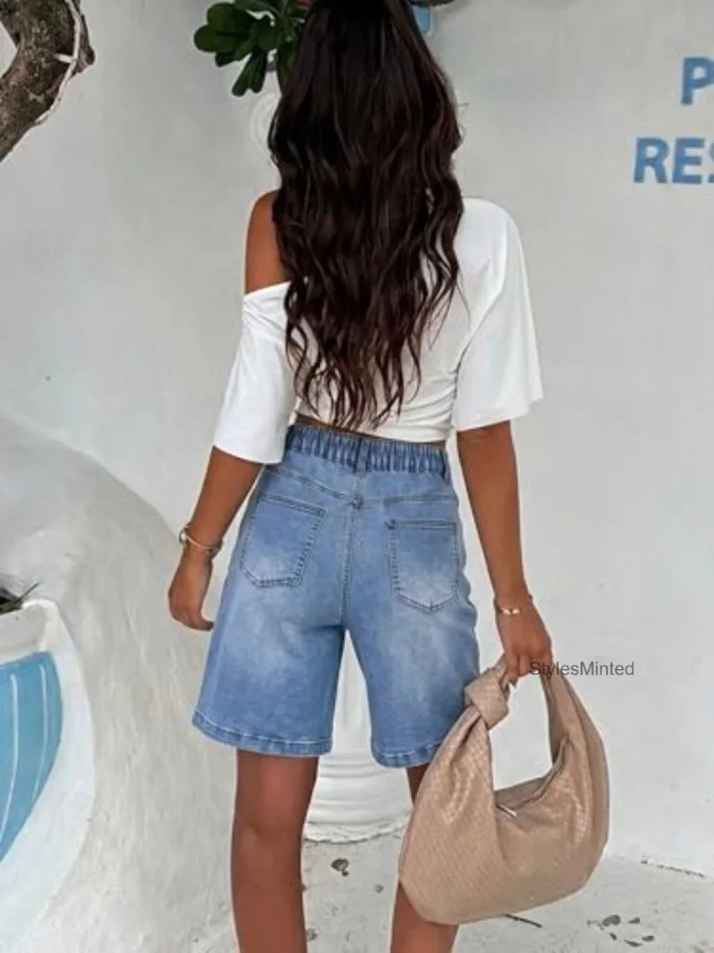 Stretchy High Waisted Denim Bermuda Shorts with Utility Pockets